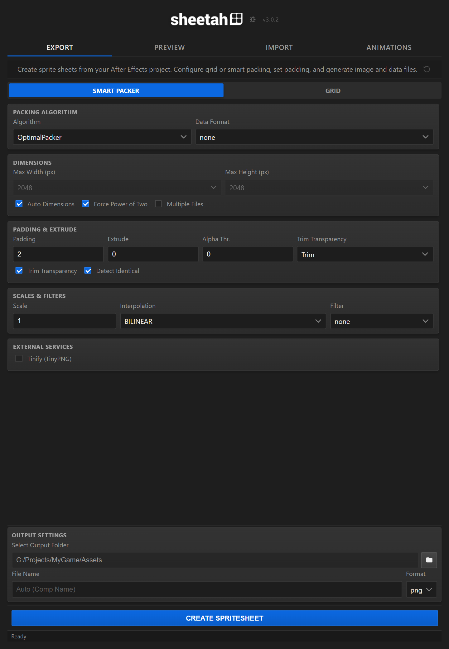 The Export tab with the Smart Packer selected.