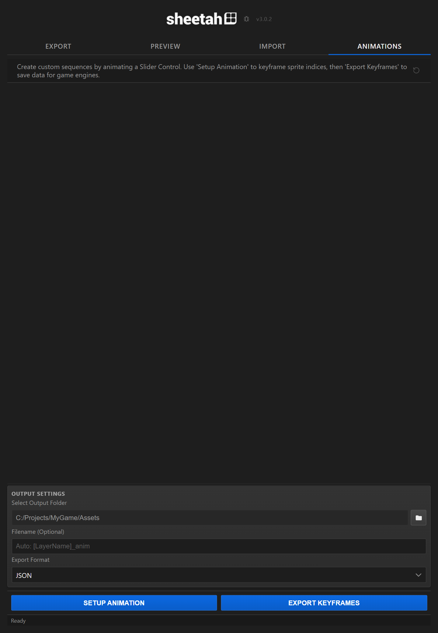 The Animations tab with Setup Animation and Export Keyframes.